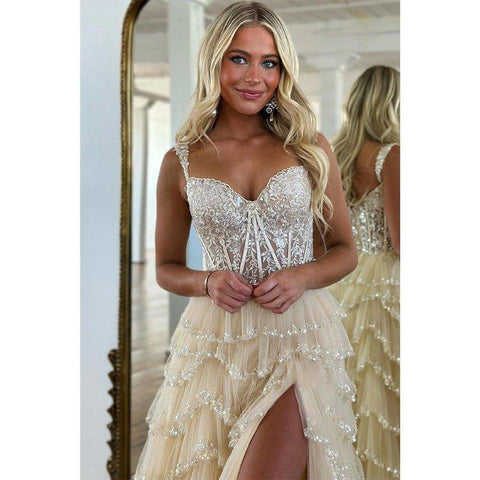 A Line Straps Applique Illusion Sparkly Long Prom Evening Gowns