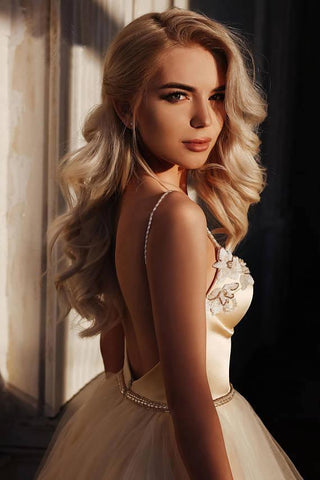 A-line  Straps Floor length Beading Wedding Dress Long Prom Dress