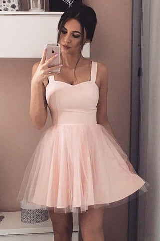 Robe de bal courte trapèze à bretelles, sans manches, en tulle rose, référence PD408