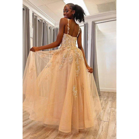 Vestido de fiesta sin mangas con tirantes, apliques de tul y cremallera, corte en A