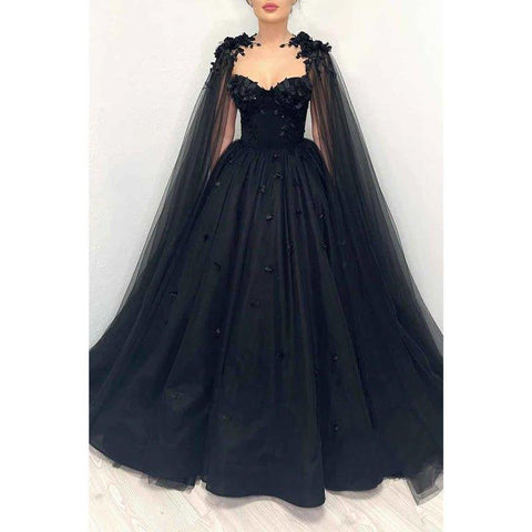 A Line Sweetheart 3d Appliques Black Long Prom Ball Gown