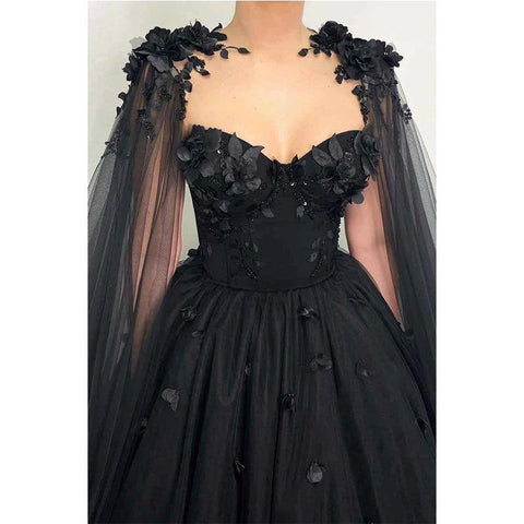 A Line Sweetheart 3d Appliques Black Long Prom Ball Gown