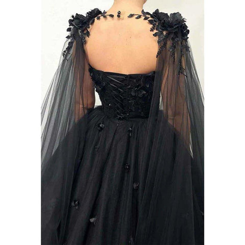 A Line Sweetheart 3d Appliques Black Long Prom Ball Gown