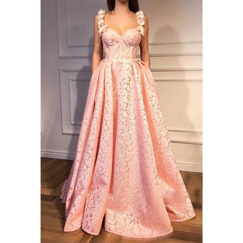 Vestido de fiesta de encaje con tirantes, apliques 3D, escote corazón y corte en A con bolsillos 