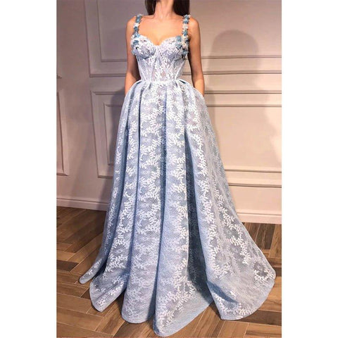 Vestido de fiesta de encaje con tirantes, apliques 3D, escote corazón y corte en A con bolsillos 