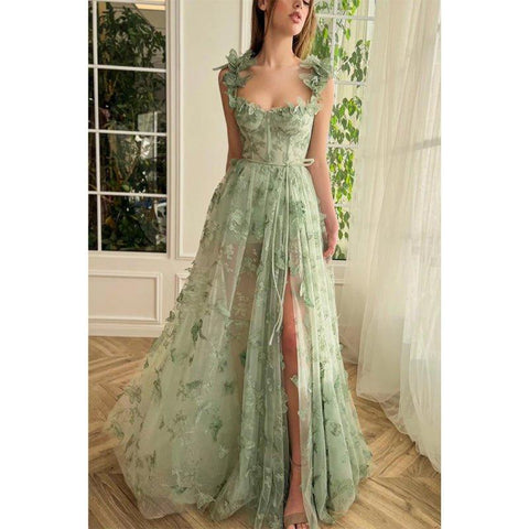 A Line Sweetheart 3d Lace Green Long Prom Dress with Slit