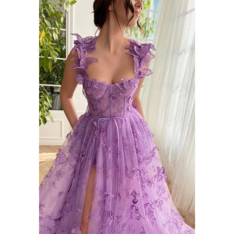 A Line Sweetheart 3d Lace Long Prom Dress with Slit