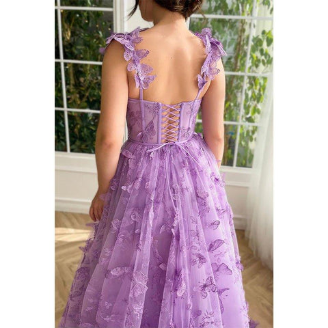 A Line Sweetheart 3d Lace Purple Vintage Prom Dress with Pockets