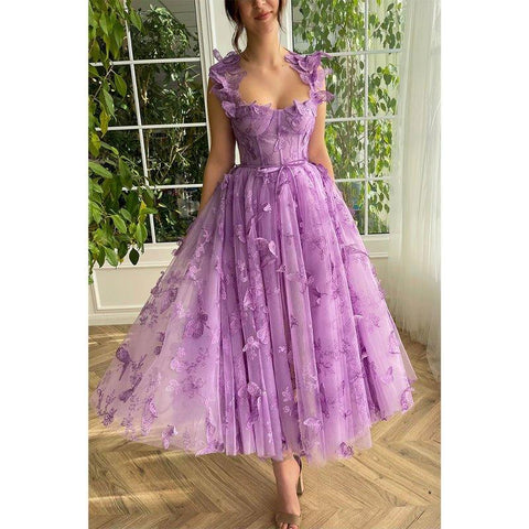A Line Sweetheart 3d Lace Purple Vintage Prom Dress with Pockets