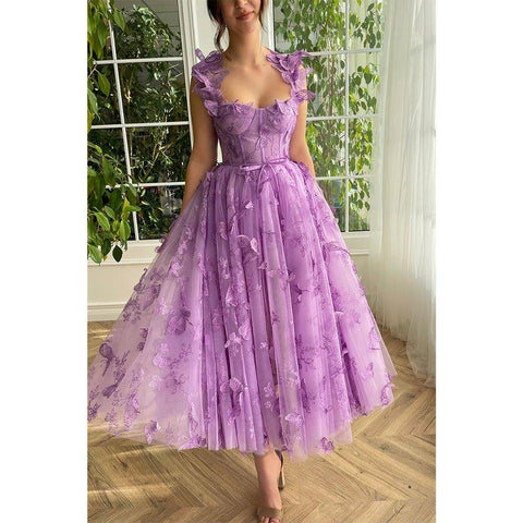 A Line Sweetheart 3d Lace Purple Vintage Prom Dress with Pockets