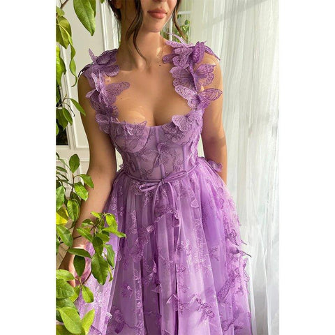 A Line Sweetheart 3d Lace Purple Vintage Prom Dress with Pockets