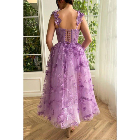 A Line Sweetheart 3d Lace Purple Vintage Prom Dress with Pockets