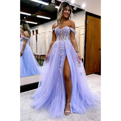 A Line Sweetheart Appliques Senior Purple Prom Dress with Slit