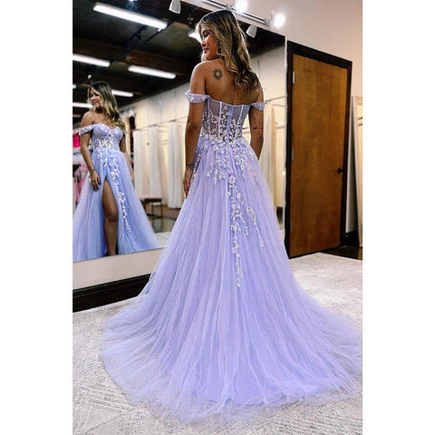 A Line Sweetheart Appliques Senior Purple Prom Dress with Slit