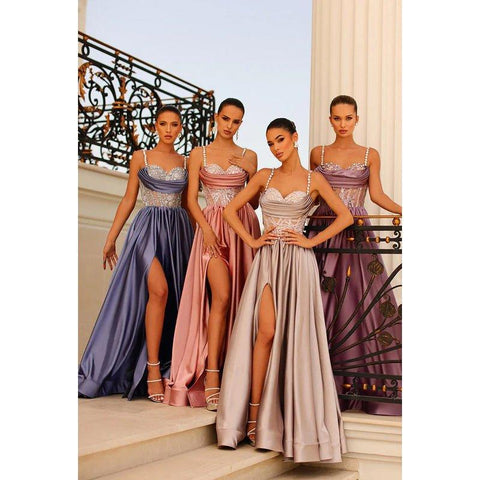 A Line Sweetheart Beaded Pleated Satin Long Prom Evening Dress With Slit