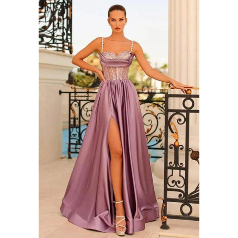 A Line Sweetheart Beaded Pleated Satin Long Prom Evening Dress With Slit