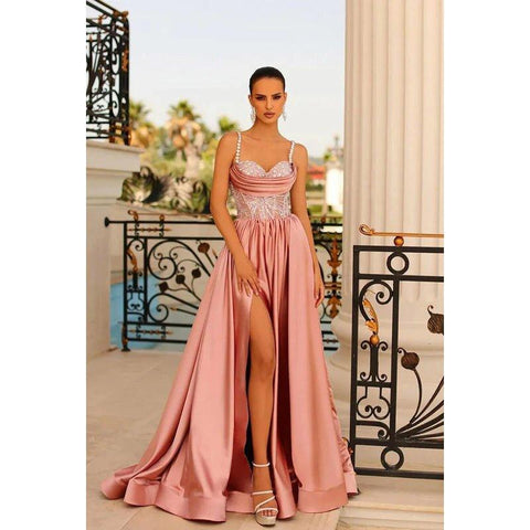 A Line Sweetheart Beaded Pleated Satin Long Prom Evening Dress With Slit