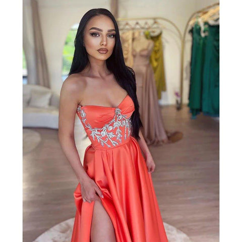 A Line Sweetheart Beads Satin Long Prom Formal Dress with Slit