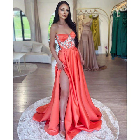 A Line Sweetheart Beads Satin Long Prom Formal Dress with Slit