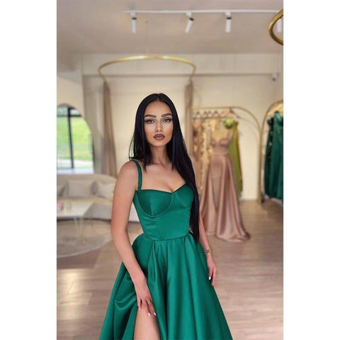 A Line Sweetheart High Split Green Long Prom Dress with Pockets