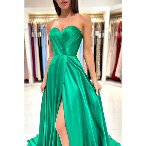 A Line Sweetheart High Split Pleats Long Prom Formal Dress