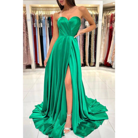 A Line Sweetheart High Split Pleats Long Prom Formal Dress