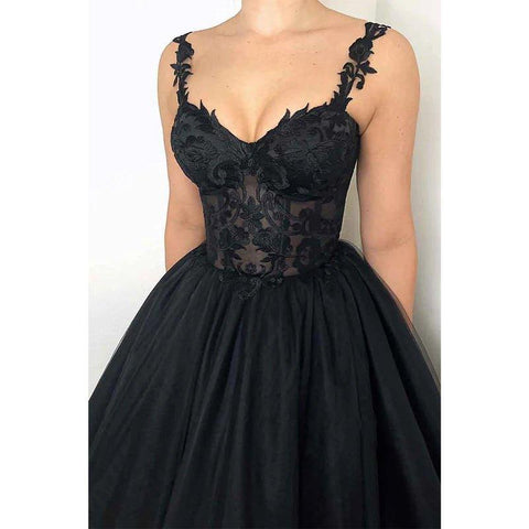 A Line Sweetheart Lace Appliques Black Elegant Formal Evening Gowns
