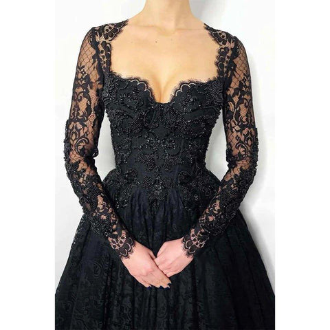 A Line Sweetheart Lace Long Sleeves Beads Black Elegant Formal Evening Dress