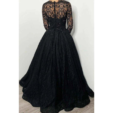 A Line Sweetheart Lace Long Sleeves Beads Black Elegant Formal Evening Dress