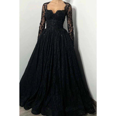 A Line Sweetheart Lace Long Sleeves Beads Black Elegant Formal Evening Dress