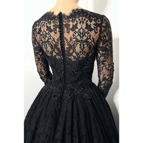 A Line Sweetheart Lace Long Sleeves Beads Black Elegant Formal Evening Dress