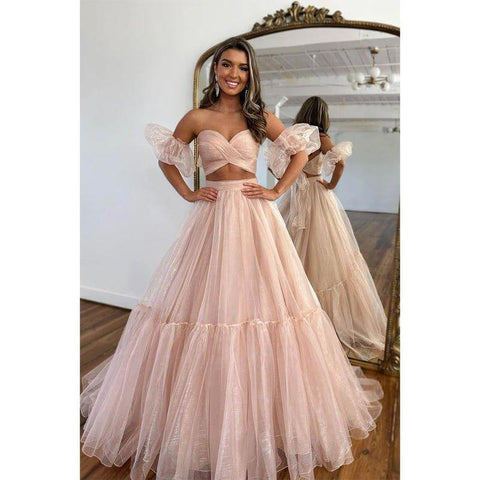 A Line Sweetheart Pleats Two Piece Prom Dress Long Homecoming Dress