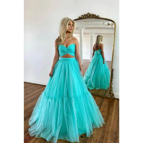 A Line Sweetheart Pleats Two Piece Prom Dress Long Homecoming Dress