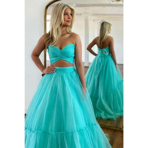 A Line Sweetheart Pleats Two Piece Prom Dress Long Homecoming Dress