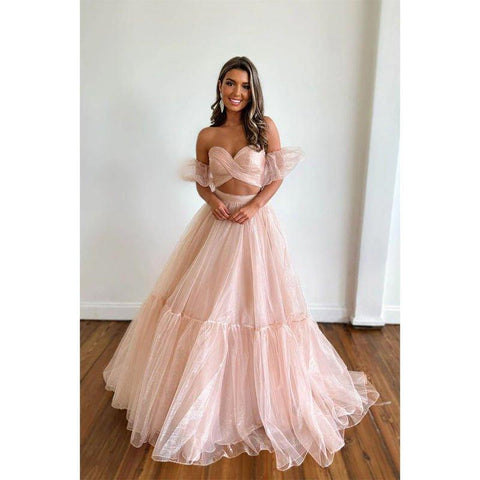 A Line Sweetheart Pleats Two Piece Prom Dress Long Homecoming Dress