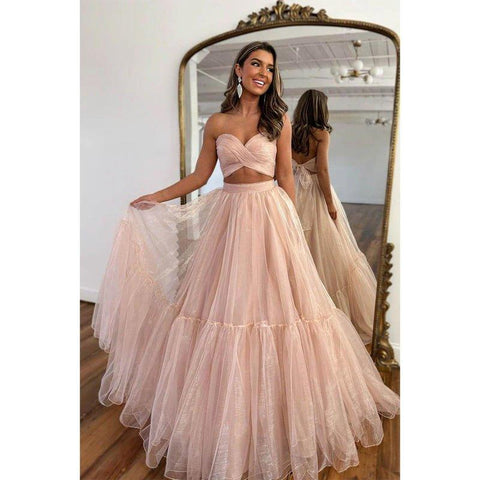 A Line Sweetheart Pleats Two Piece Prom Dress Long Homecoming Dress