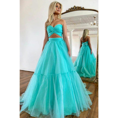 A Line Sweetheart Pleats Two Piece Prom Dress Long Homecoming Dress