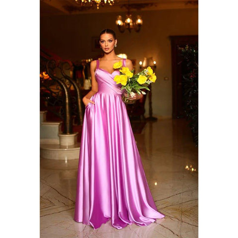 A Line Sweetheart Satin Pleated Long Prom Formal Dress with Pockets