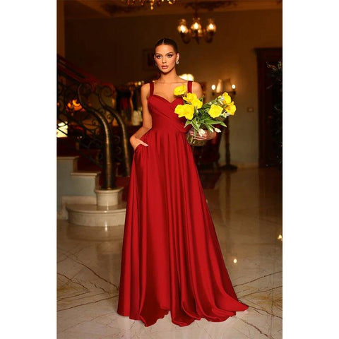 A Line Sweetheart Satin Pleated Long Prom Formal Dress with Pockets