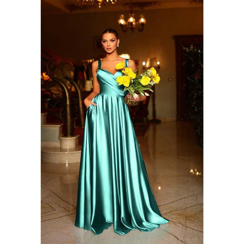 A Line Sweetheart Satin Pleated Long Prom Formal Dress with Pockets