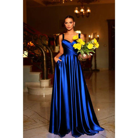 A Line Sweetheart Satin Pleated Long Prom Formal Dress with Pockets