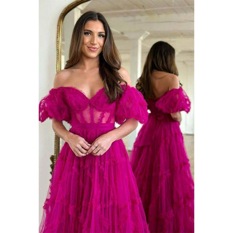 A Line Sweetheart Short Sleeves Tulle Ruffles Prom Dress Long Homecoming Cout Train