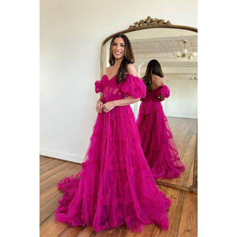 A Line Sweetheart Short Sleeves Tulle Ruffles Prom Dress Long Homecoming Cout Train