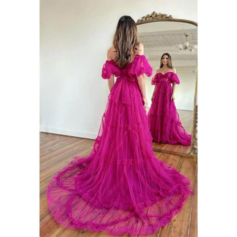 A Line Sweetheart Short Sleeves Tulle Ruffles Prom Dress Long Homecoming Cout Train
