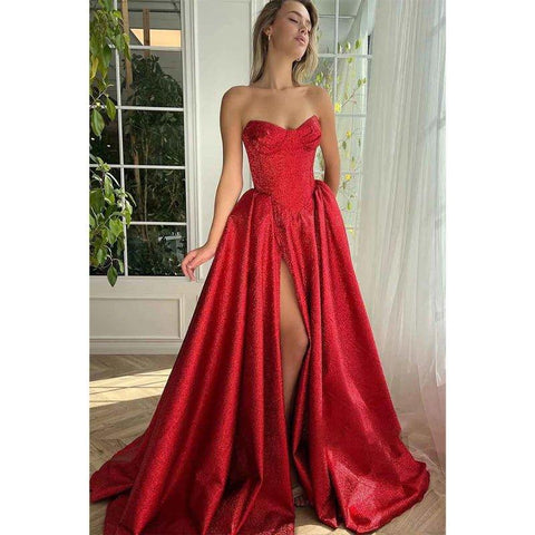 A Line Sweetheart Side Slit Red Long Prom Party Dress with Pockets
