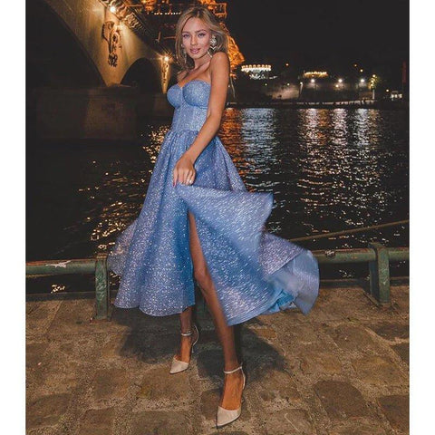 A Line Sweetheart Side Slit Tea Length Sparkly Prom Dress