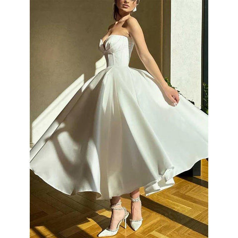 Vestido de fiesta de corte imperio, sin tirantes, corte en A, escote corazón 