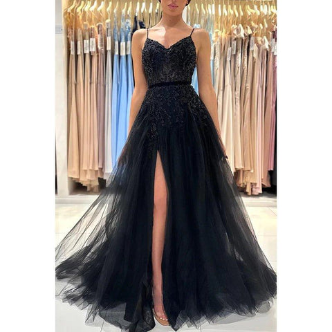 Vestido de fiesta formal de noche sin mangas, corte en A, escote corazón, apliques de tul y cuentas