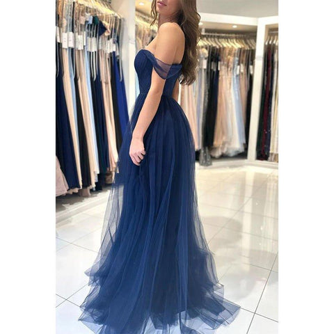 A Line Sweetheart Tulle Pleated Long Prom Formal Dress