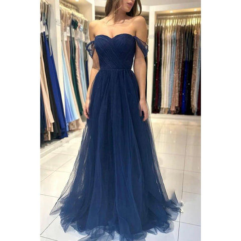 A Line Sweetheart Tulle Pleated Long Prom Formal Dress